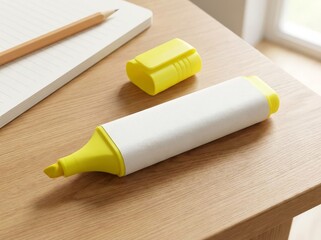 Yellow marker pen on wooden desk with notebook