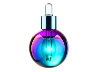 Colorful glass dropper bottle with glowing blue light bulb inside on transparent background