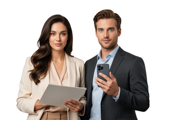 Administrative coordinator and technical director reviewing project specification on paper while checking mobile application for engineering task management during professional collaboration