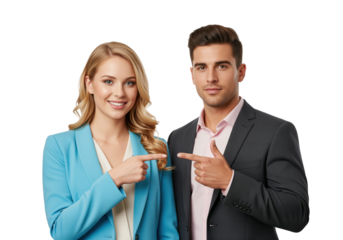 Brand ambassador duo points at each other during referral program promotion and affiliate marketing campaign for peer recommendation system with mutual endorsement gesture in partnership advertising