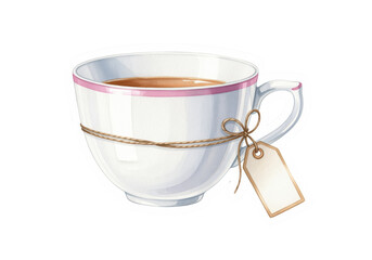 Watercolor tea cup sticker illustration with blank tag attachment on twine for scrapbooking project and planner decoration with handmade craft element and journal embellishment