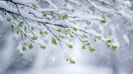 Snowy branch with green leaves closeup