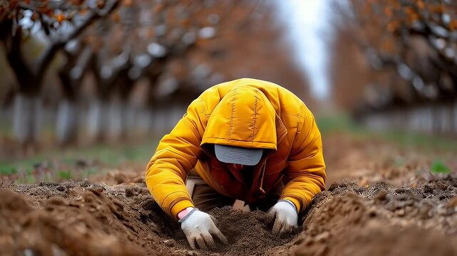 Person working in a field with dark soil and yellow hooded jacket