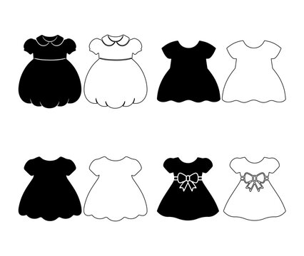 Set of eight simple black and white outline and solid silhouette illustrations of girls dresses and frocks