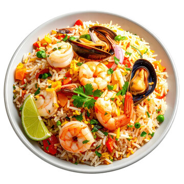 Brazilian arroz de mariscos a flavorful seafood rice stew with shrimp and fish served in a bowl and isolated on a white background
