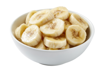 Bowl of sliced bananas isolated on transparent background. Freshly sliced ripe bananas served in a simple white bowl isolated on white background.