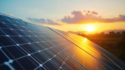 Solar panel array against sunset sky