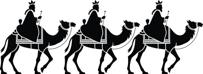 Fototapeta premium Silhouettes of Three Wise Men on camels with staffs, ideal for Nativity, Christmas, and religious-themed design projects.