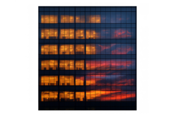 Modern office building reflecting a vibrant sunset sky at dusk, windows illuminating orange light, transparent background