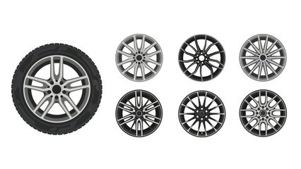 Automotive Wheel and Rim Set Illustration: A Collection of Diverse Vehicle Designs