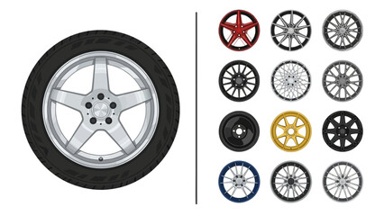 Detailed Illustration of Car Wheel and Tire with a Collection of Diverse Vehicle Rim Designs