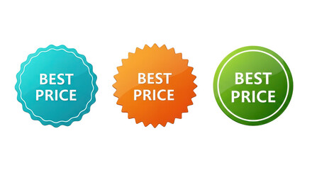 Three colorful best price labels for discount and promotion isolated on transparent background