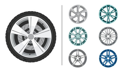 Automotive Wheel and Tire Illustration with Diverse Alloy Rim Designs Collection