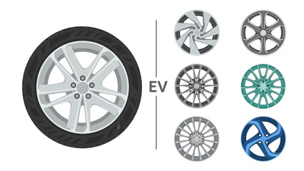 Collection of Modern Vehicle Wheel Rims and Tire, Featuring EV Specific Designs