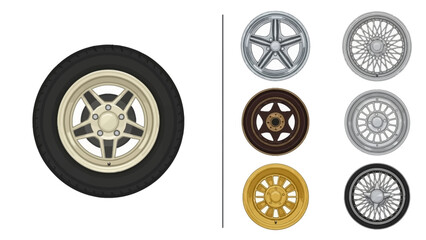 Illustrative Automotive Wheel Designs with Various Spokes, Finishes, and Tire Options