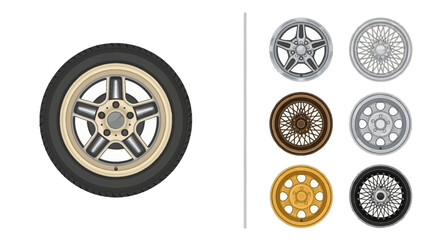 Collection of diverse automotive wheels and rims with tire illustration on white background