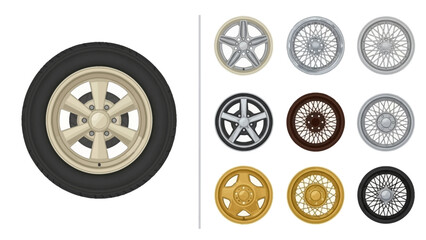 Automotive Wheel and Tire Illustration with Diverse Rim Designs on White Background