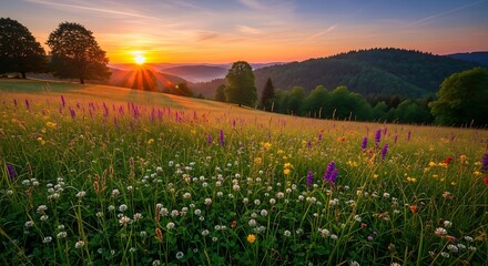 A vibrant sunrise casts golden light over a field of wildflowers, framed by trees and hills. Hues of orange, purple, and green blend beautifully