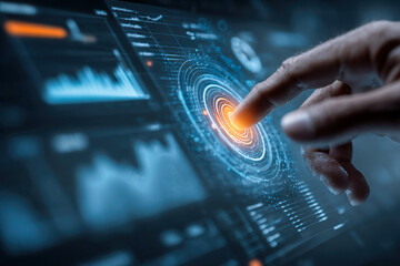 Human finger interacting with futuristic digital interface touchscreen displaying data analytics and advanced technology controls in a dark environment