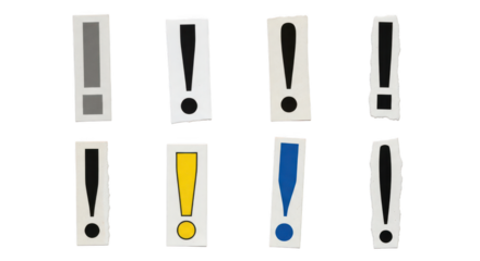 Diverse set of exclamation point symbols in various styles isolated on transparent background