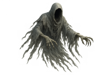 Hooded spirit concept for halloween, haunting monster, ghost, phantom, or creepy wraith character flying, transparent background