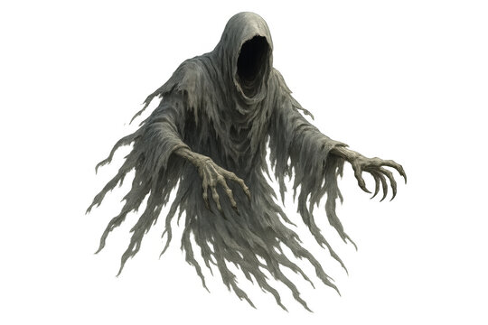 Hooded spirit concept for halloween, haunting monster, ghost, phantom, or creepy wraith character flying, transparent background