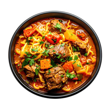 Bolivia Aj&iacute; de fideo a comforting and spicy noodle stew with a rich flavorful sauce served in a bowl and isolated on a white background
