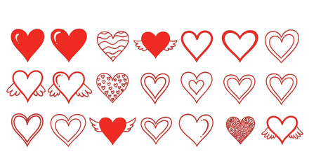 A collection of various red heart icons and illustrations, showcasing different styles and designs for love and romance.