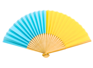 Vibrant blue and yellow handheld folding fan isolated on transparent background