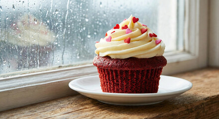 Red velvet cupcake with cream cheese frosting and heart sprinkles by a rainy window