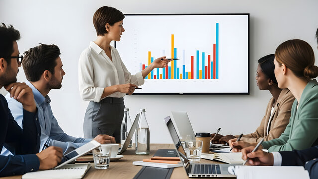 Female corporate executive leads professional business discussion with diverse team during strategy meeting in modern office - Powered by Adobe
