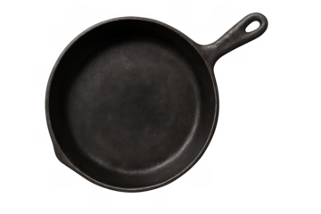 Empty cast iron skillet or frying pan, black cooking kitchen tool, top view with transparent background