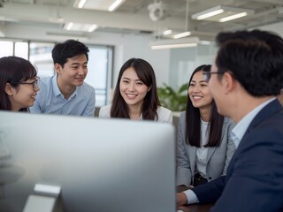 Group of Diverse Asian Business Professionals Collaborating in Modern Office. Happy Korean and Chinese Employees Having a Productive Meeting Around a Computer Screen. Corporate Teamwork Concept.
