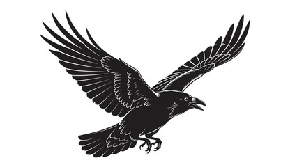 Obraz premium Black raven bird in flight with wings spread wide.