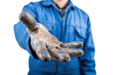 Worker in blue uniform offers dirty glove isolated on transparent background. Handshake offering help and support from a welder in blue workwear isolated on white background.
