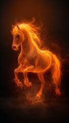 Fototapeta premium Majestic Fire Horse Running Through Embers, Chinese Zodiac 2026 Lunar New Year Concept. Powerful Stallion Made of Burning Flames and Sparks Isolated on Dark Background. Fantasy Digital Art.