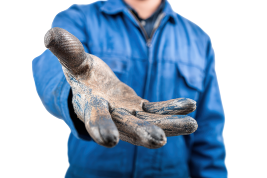Worker in blue uniform offers dirty glove isolated on transparent background. Handshake offering help and support from a welder in blue workwear isolated on white background. - Powered by Adobe