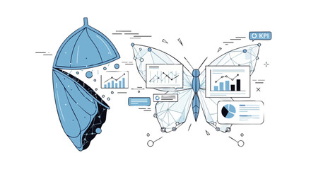Abstract butterfly illustration symbolizing data analysis, scientific research, and technological innovation with charts and graphs.