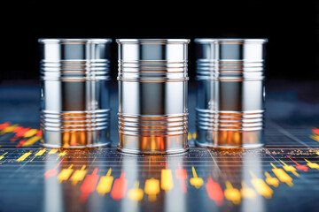 Shiny steel barrels symbolizing oil investments positioned on a digital financial graph with fluctuating trade indicators in a futuristic market concept