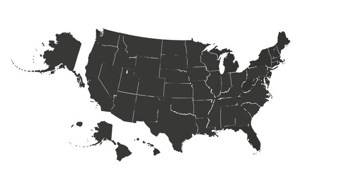 Dark grey map of the United States of America with all states outlined, including Alaska and Hawaii, on a white background.