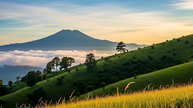 Green rolling hills with a distant mountain peak under a partly cloudy sky clouds