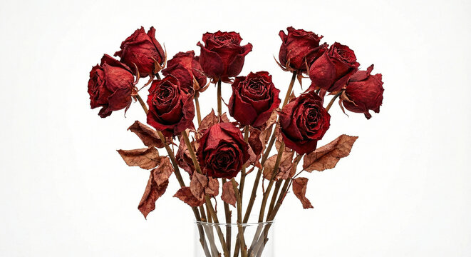 Bouquet of dried red roses in a glass vase isolated on a white background