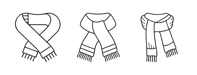 Line art illustration of three different winter scarf styles