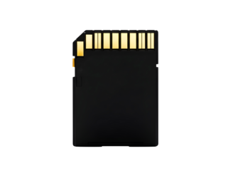 Black sd card with gold contacts on top isolated on transparent background