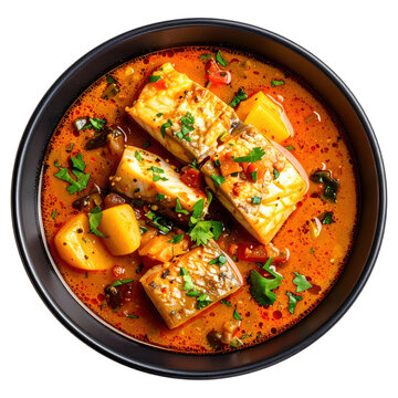 Chilean caldillo de congrio a traditional fish soup made with conger eel tomatoes and potatoes served in a bowl and isolated on white background