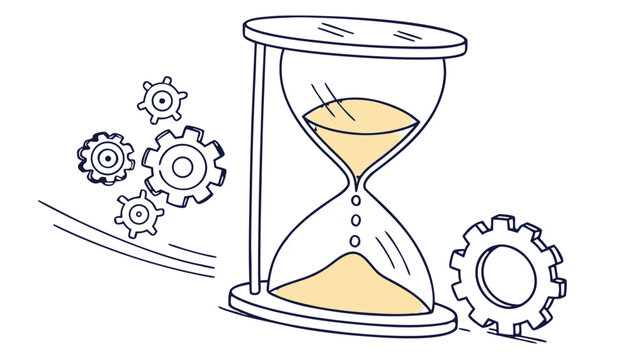 The Bottleneck, An hourglass where the sand is data, but the neck is a human ring, regulating the flow, metaphor for oversight, Time management concept with hourglass and gears illustration