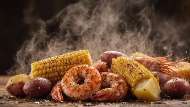 Steaming seafood boil with shrimp, corn, potatoes and sausage, captured with food photography