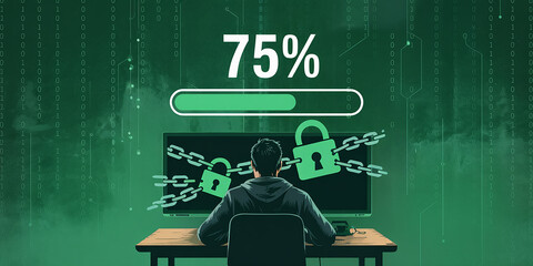 Hacker Viewing Unlocked Padlocks and Progress Bar on Computer Screen binary code