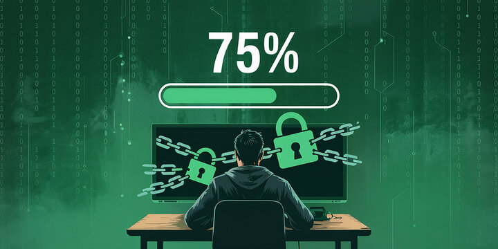 Hacker Viewing Unlocked Padlocks and Progress Bar on Computer Screen binary code - Powered by Adobe