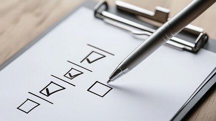 A silver pen hovers over a clipboard with a checklist, marking off tasks. It highlights productivity and completion. The neat ticks signify efficiency. #Checklist #Productivity